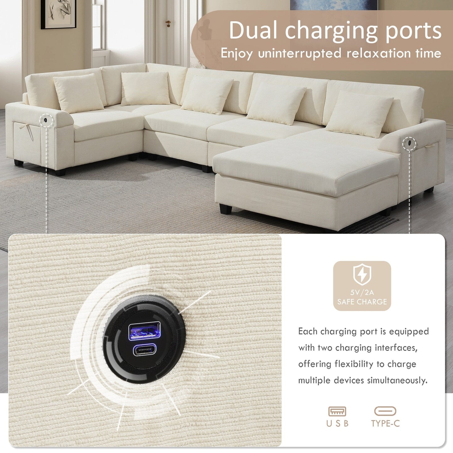 Divano componibile a U, set di divani in ciniglia con pouf, braccioli nascosti e portabicchieri, porte di ricarica USB