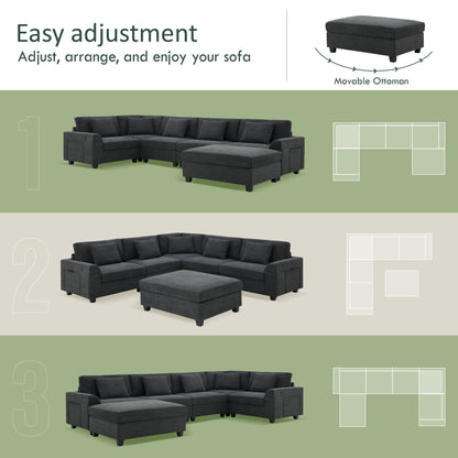 Divano componibile a U, set di divani in ciniglia con pouf, braccioli nascosti e portabicchieri, porte di ricarica USB