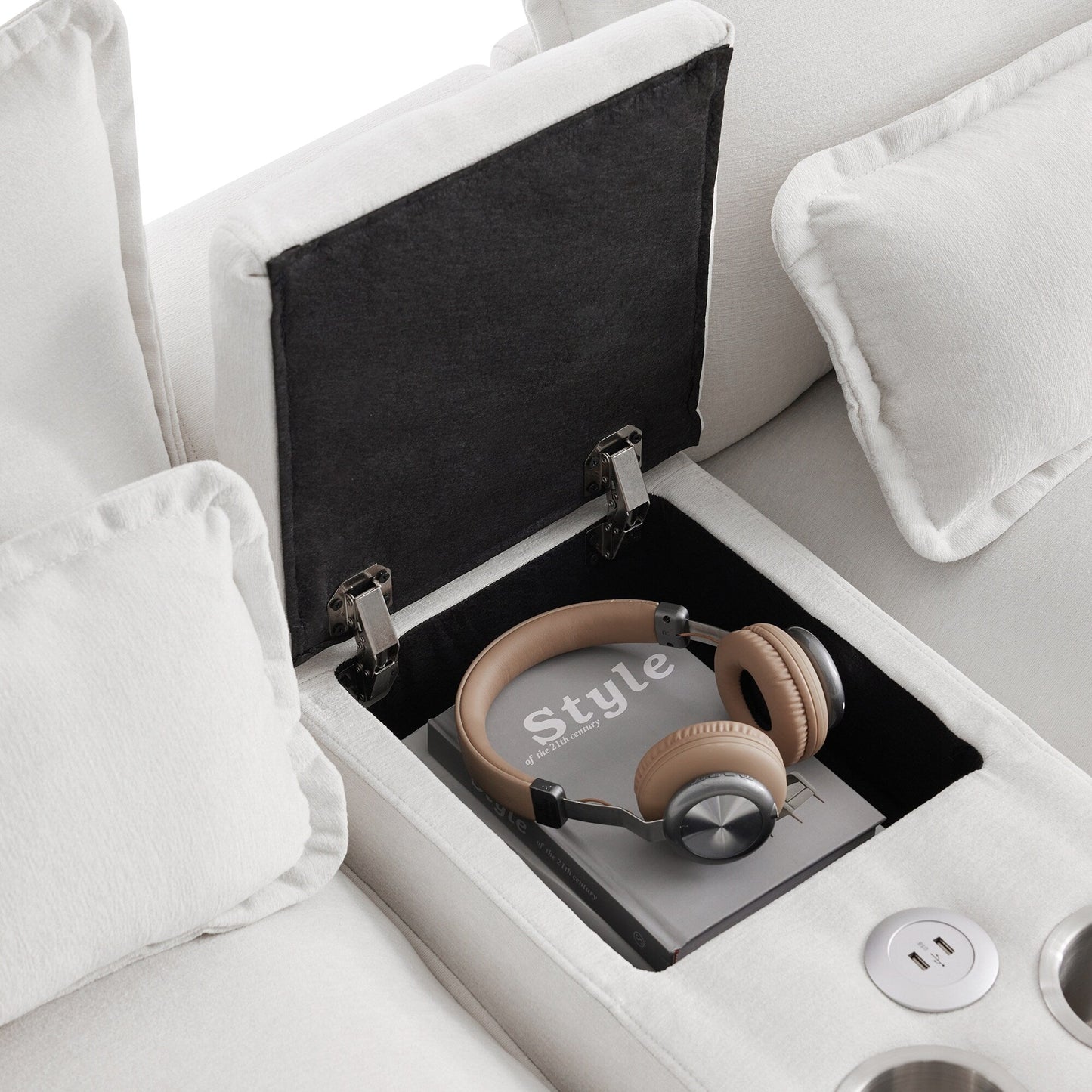 Divano a U con consolle, portabicchieri e porte USB, arredamento da interno simmetrico imbottito, set divano letto con chaise longue