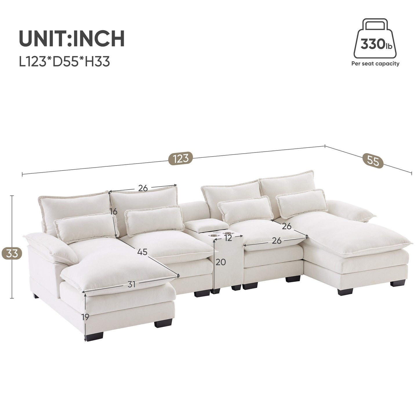 Divano a U con consolle, portabicchieri e porte USB, arredamento da interno simmetrico imbottito, set divano letto con chaise longue