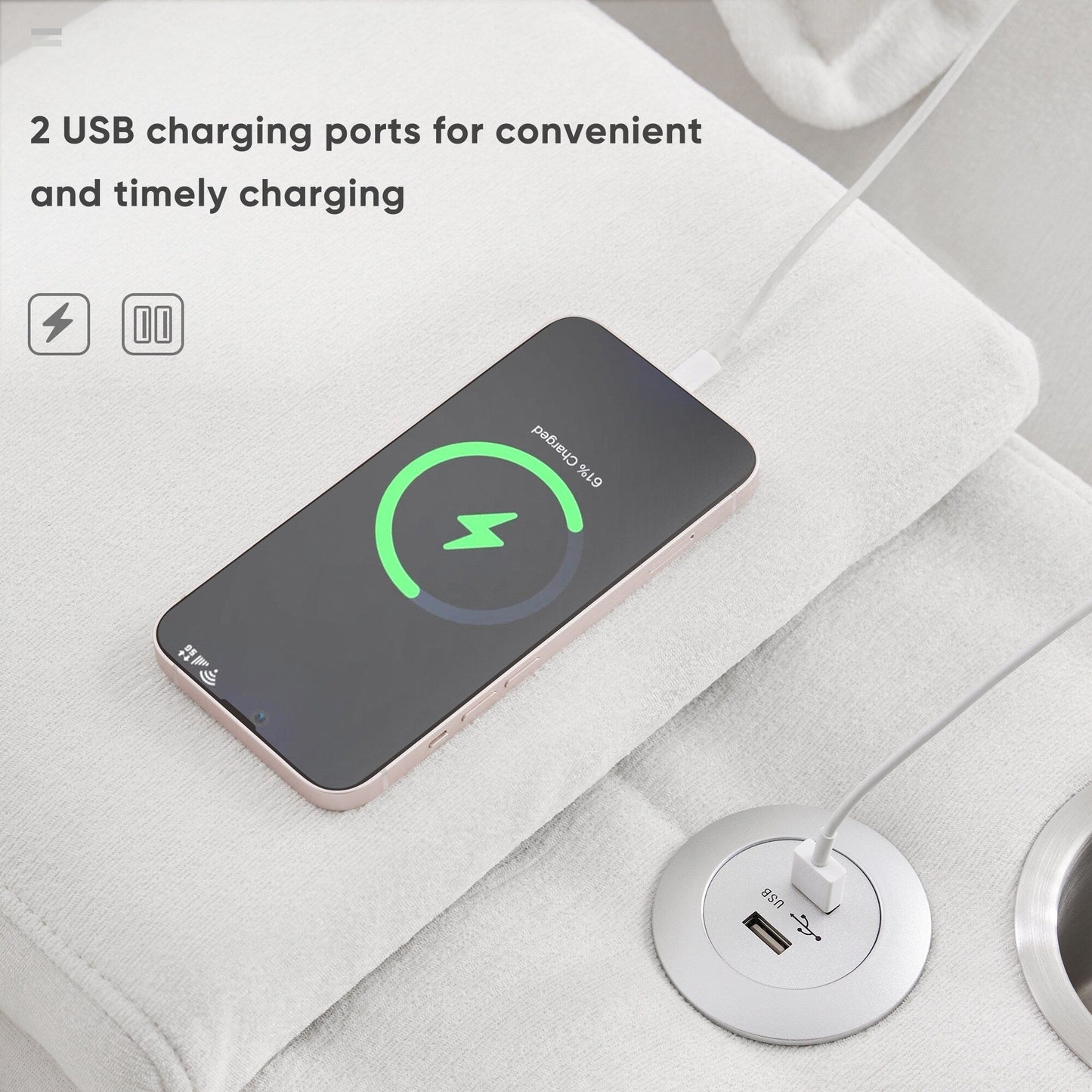 Divano a U con consolle, portabicchieri e porte USB, arredamento da interno simmetrico imbottito, set divano letto con chaise longue