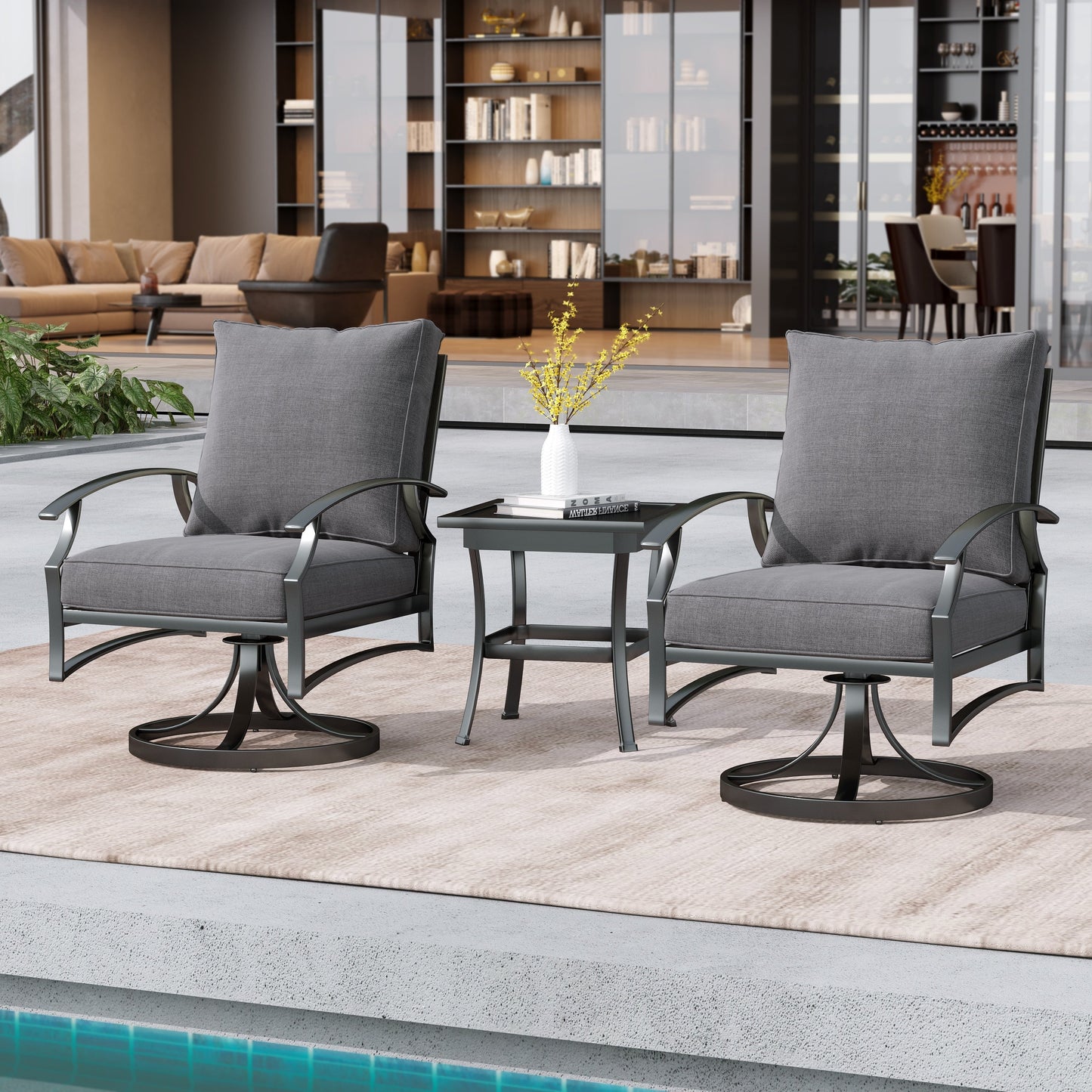 Sedia a dondolo girevole da esterno Uixe in 3 pezzi con cuscino e tavolino laterale