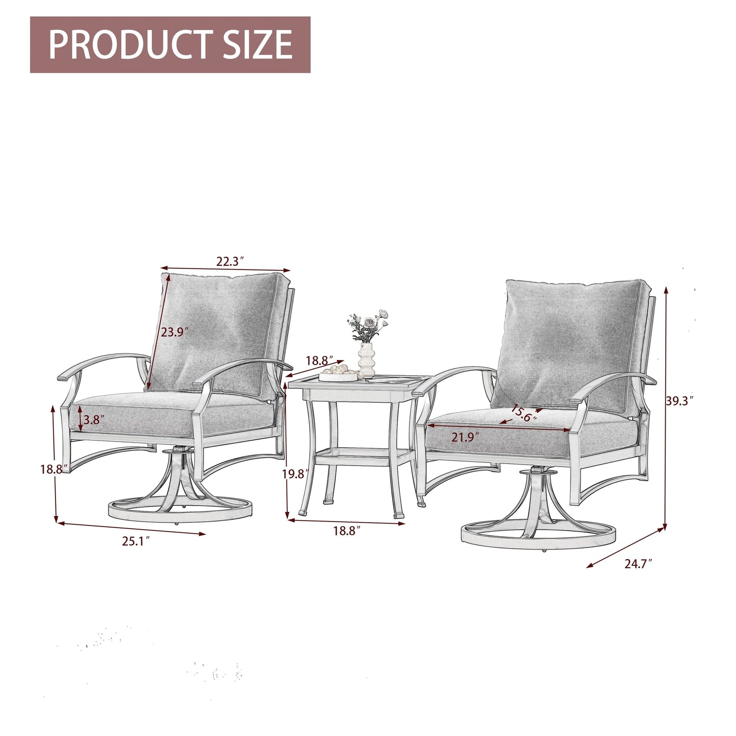 Sedia a dondolo girevole da esterno Uixe in 3 pezzi con cuscino e tavolino laterale