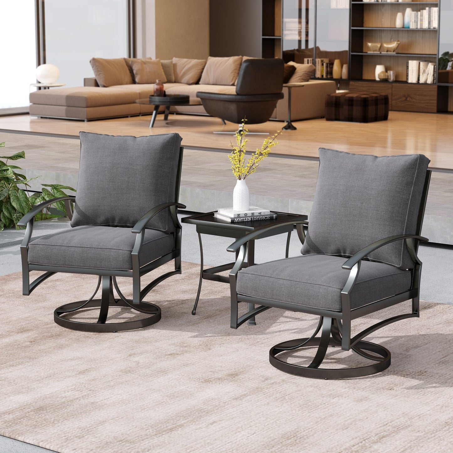 Sedia a dondolo girevole da esterno Uixe in 3 pezzi con cuscino e tavolino laterale