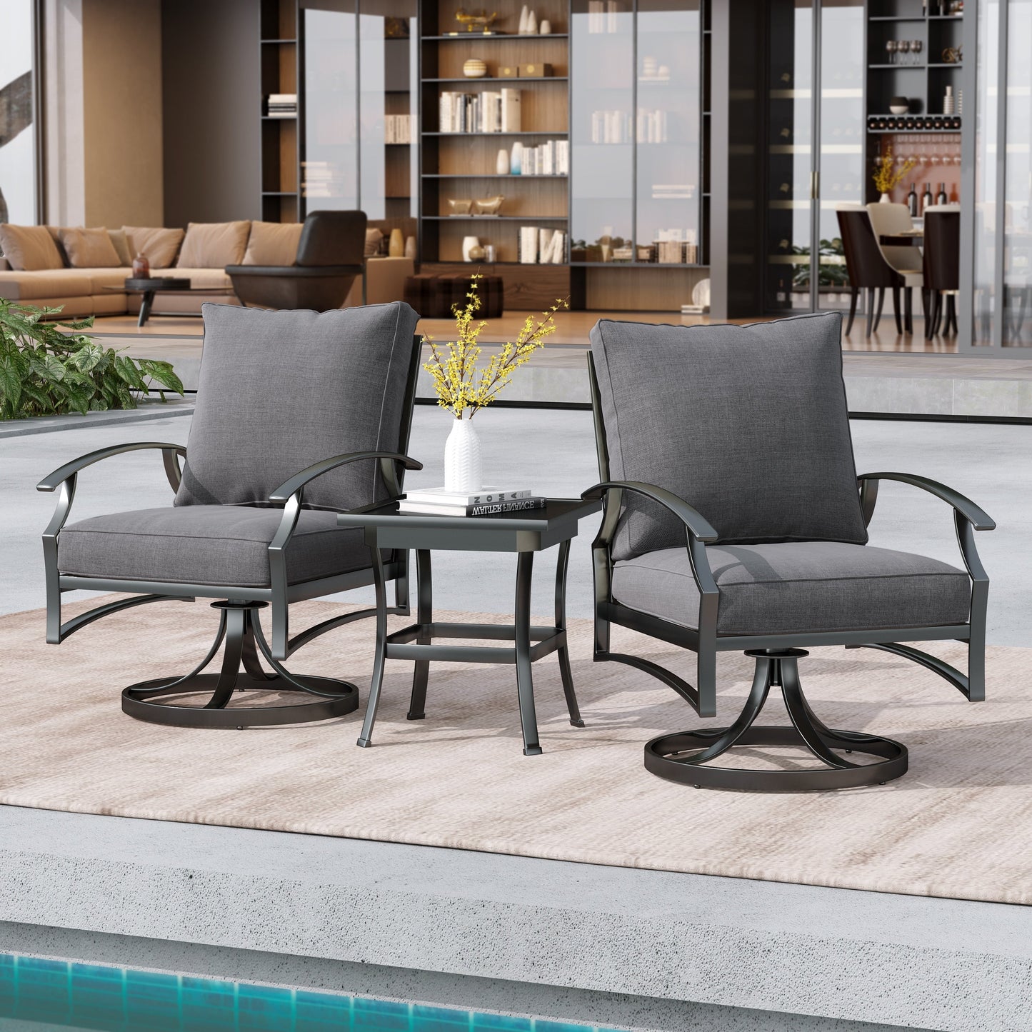 Sedia a dondolo girevole da esterno Uixe in 3 pezzi con cuscino e tavolino laterale