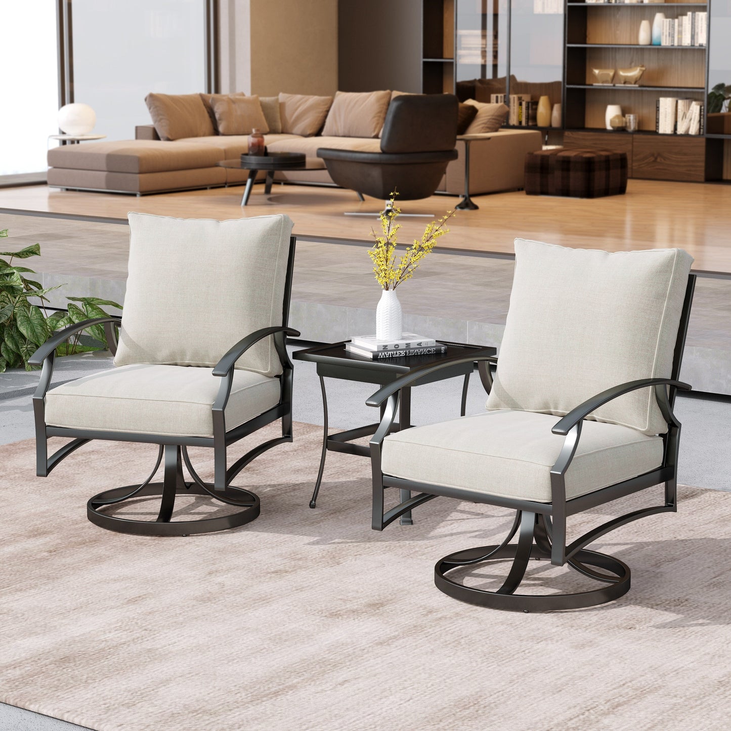 Sedia a dondolo girevole da esterno Uixe in 3 pezzi con cuscino e tavolino laterale