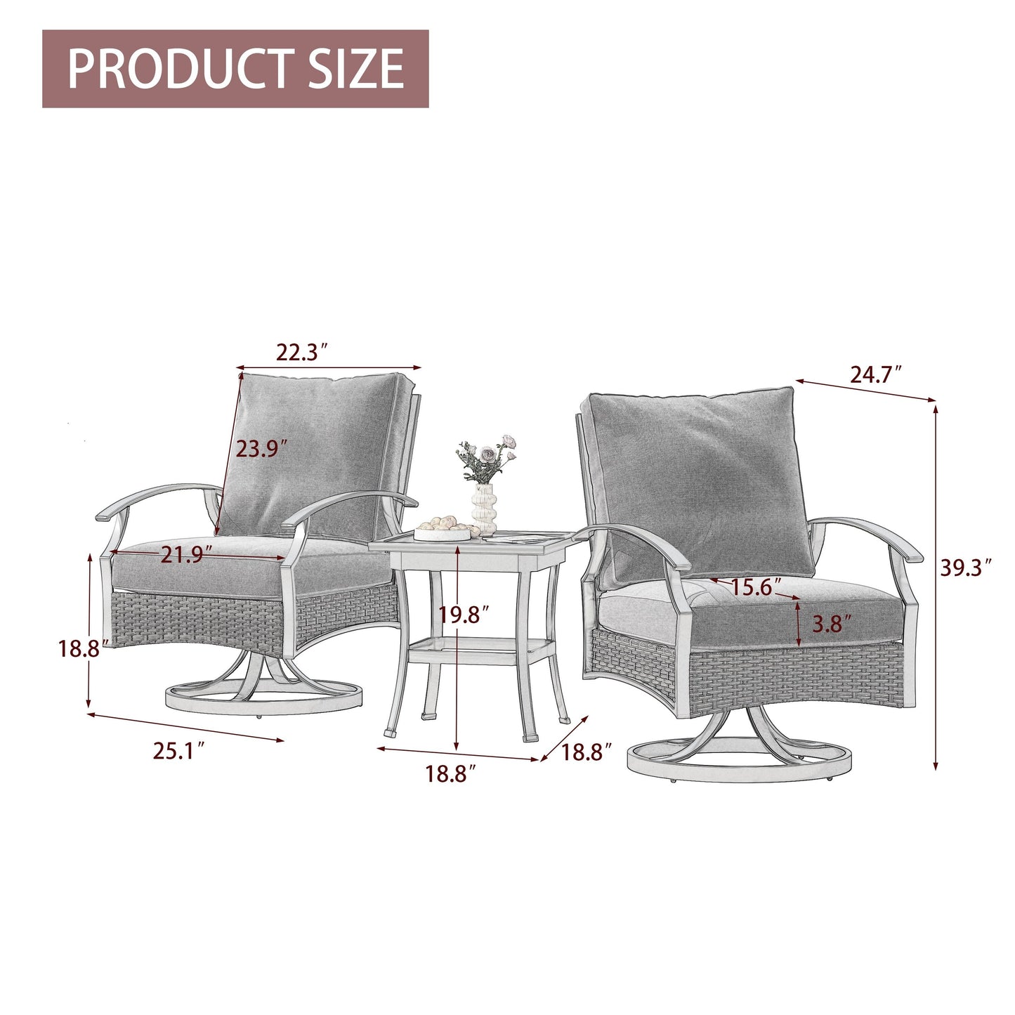 Set di 3 sedie a dondolo girevoli da esterno Uixe con tavolo e sedia a dondolo in vimini