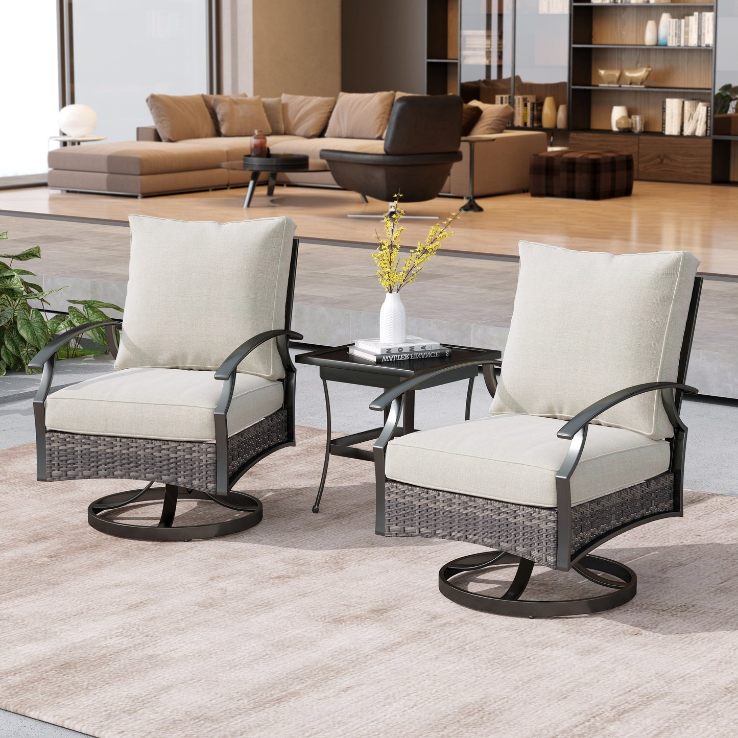 Set di 3 sedie a dondolo girevoli da esterno Uixe con tavolo e sedia a dondolo in vimini