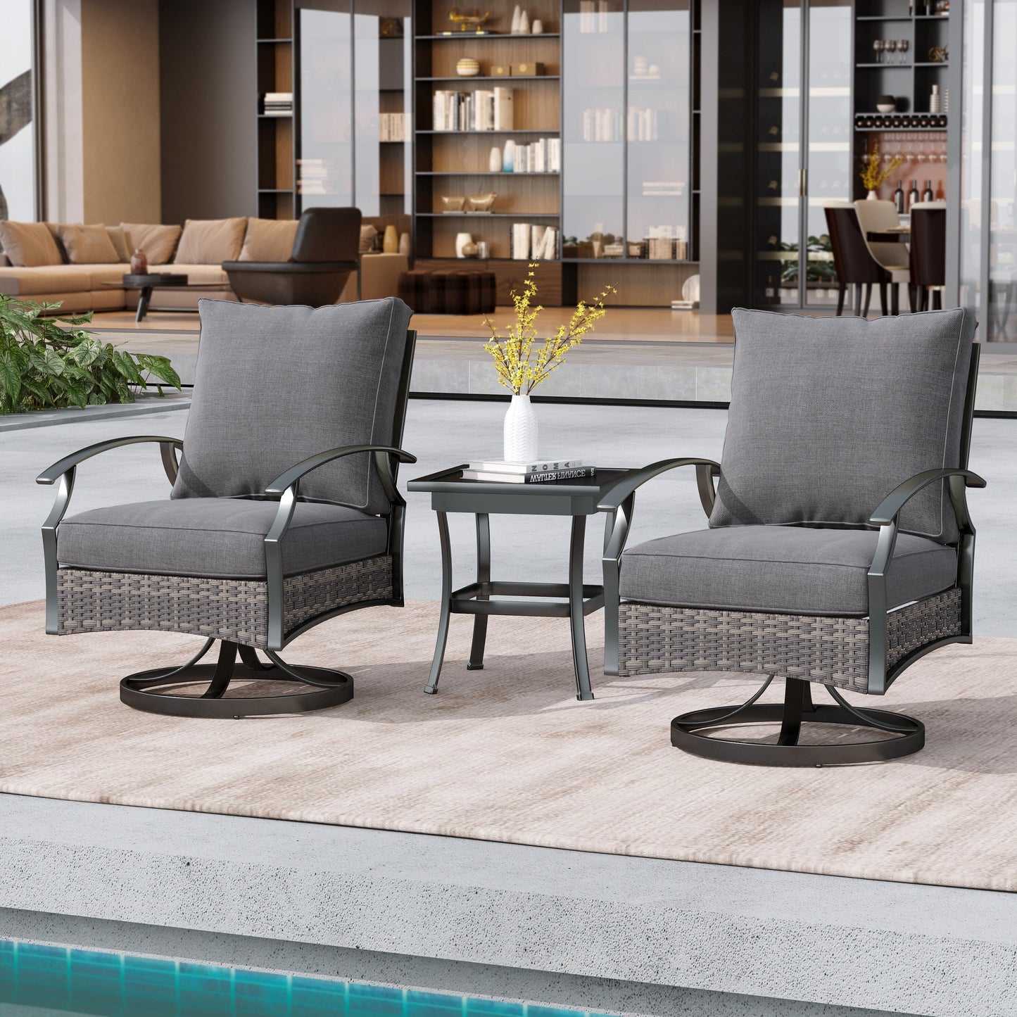 Set di 3 sedie a dondolo girevoli da esterno Uixe con tavolo e sedia a dondolo in vimini