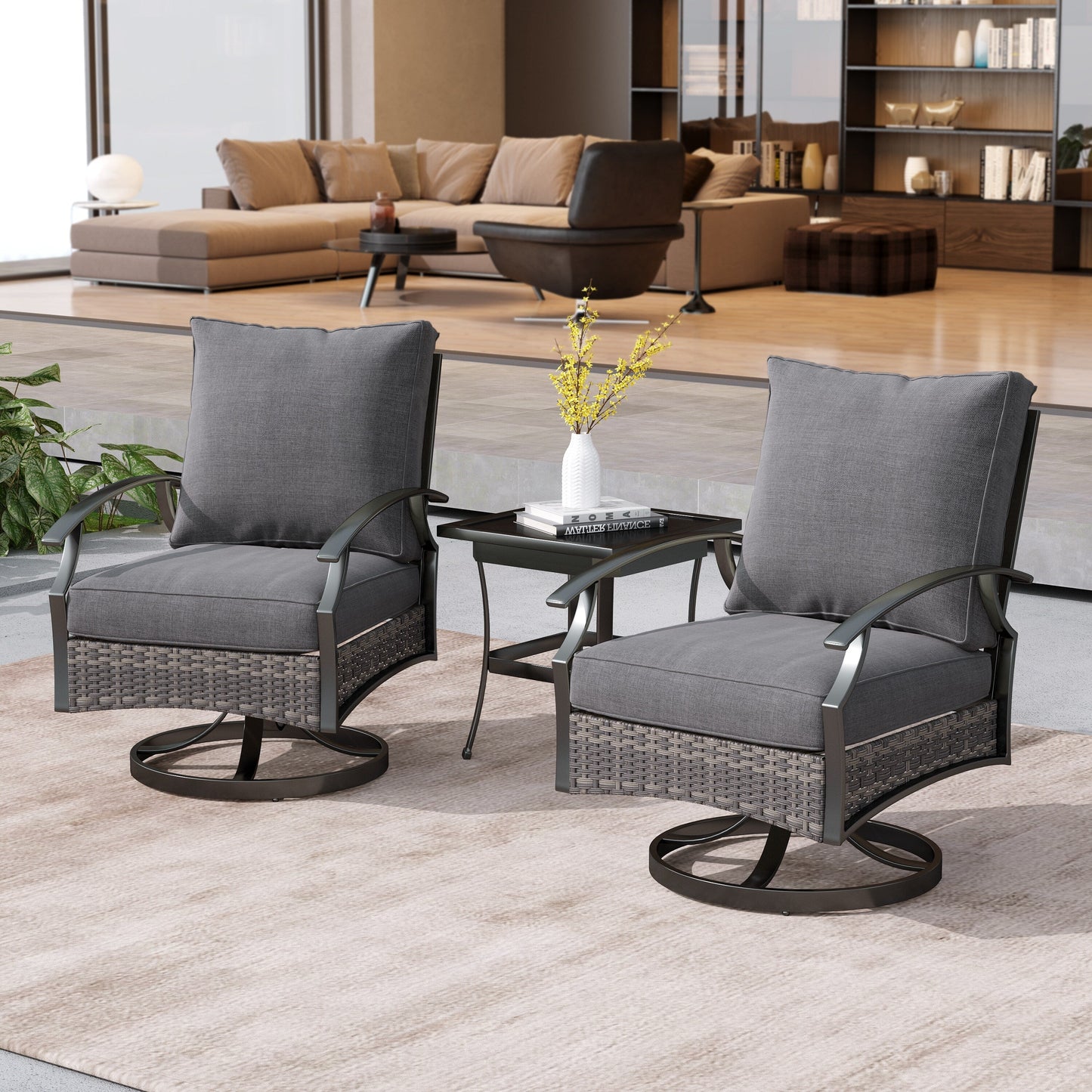 Set di 3 sedie a dondolo girevoli da esterno Uixe con tavolo e sedia a dondolo in vimini