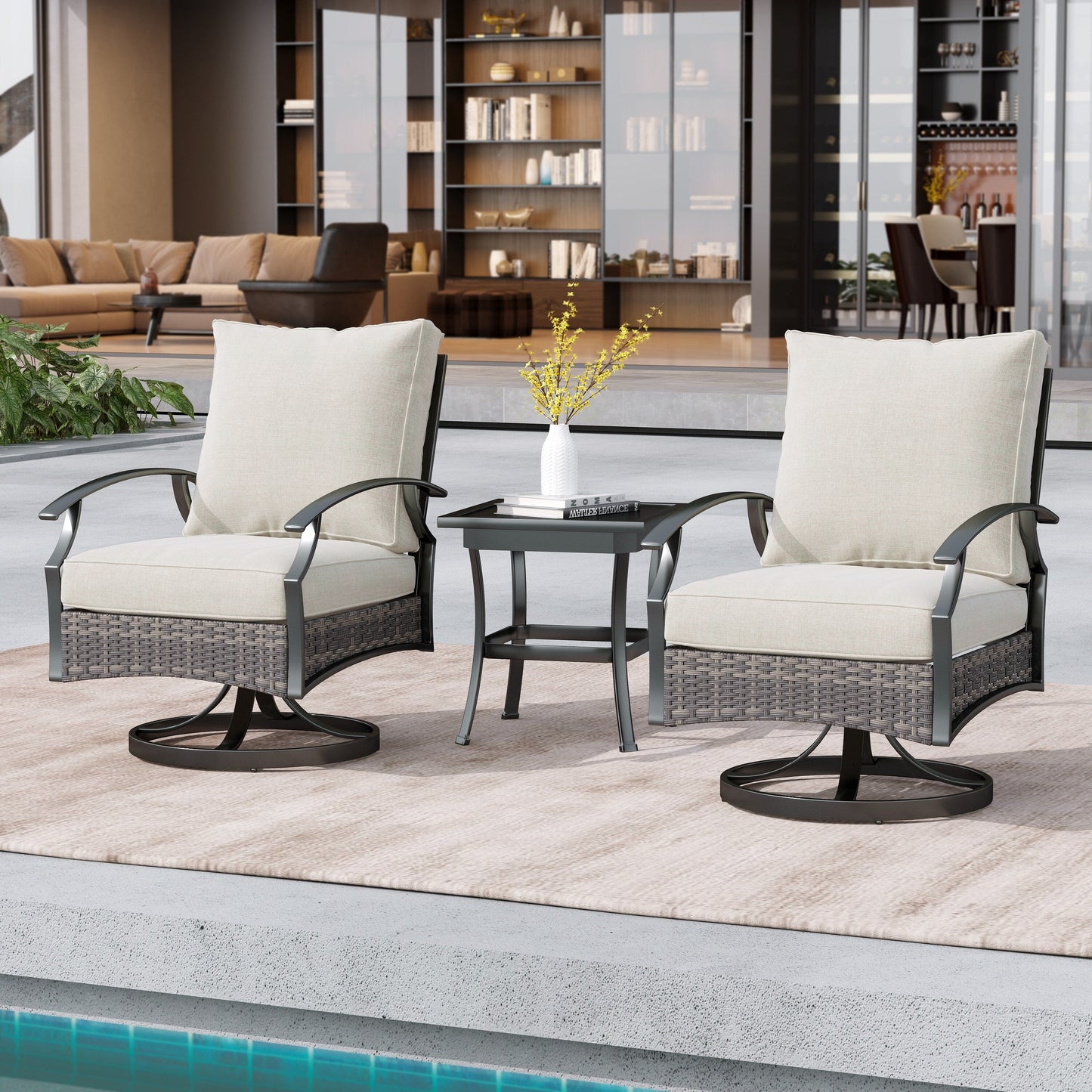 Set di 3 sedie a dondolo girevoli da esterno Uixe con tavolo e sedia a dondolo in vimini