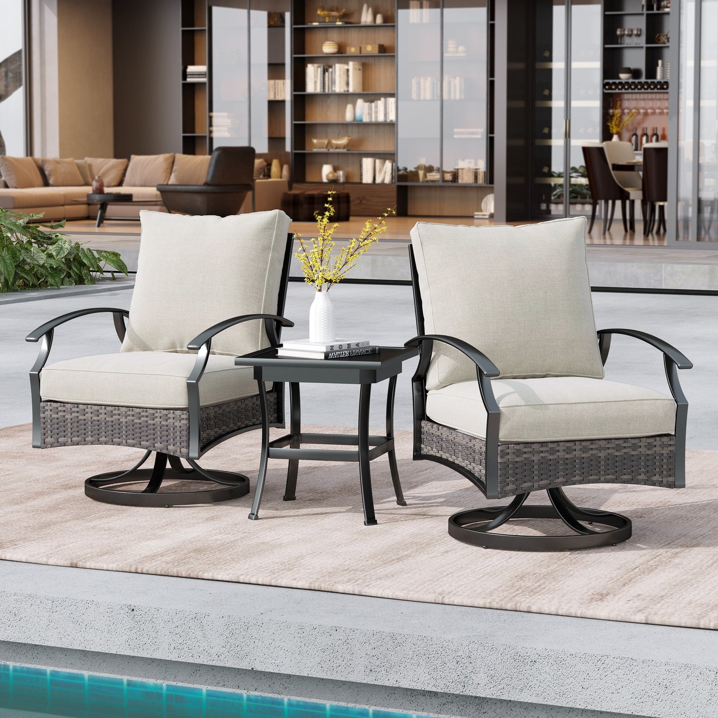 Set di 3 sedie a dondolo girevoli da esterno Uixe con tavolo e sedia a dondolo in vimini