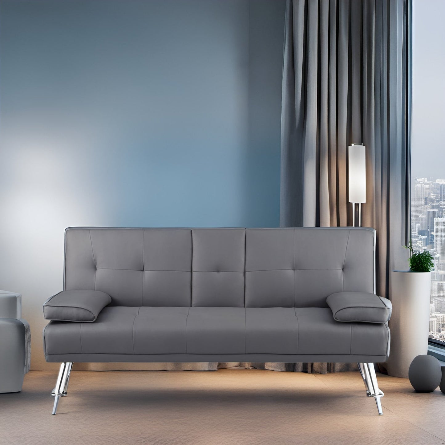 Collezione Ultimate Futon Sofa: Divano Futon con braccioli e portabicchieri, Divano imbottito con bottoni e gambe in legno