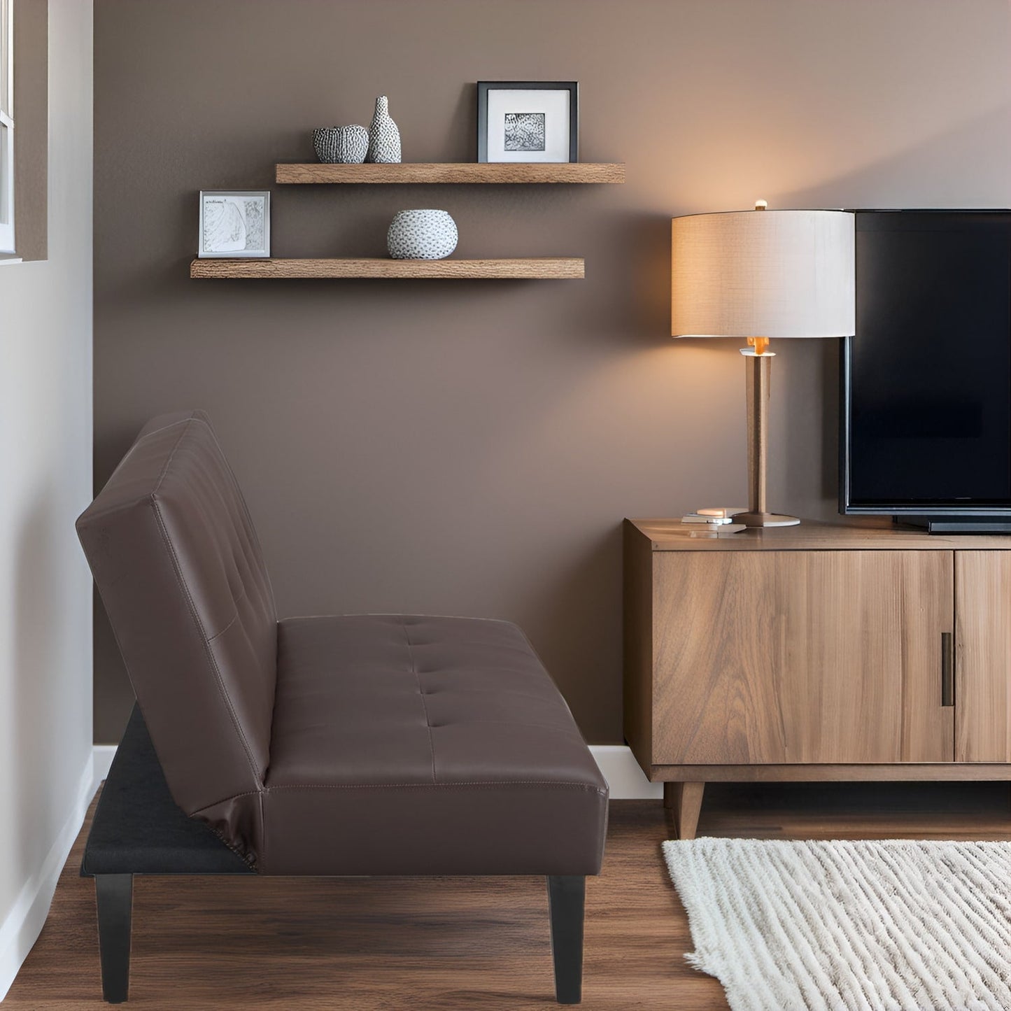 Collezione Ultimate Futon Sofa: Divano Futon con braccioli e portabicchieri, Divano imbottito con bottoni e gambe in legno