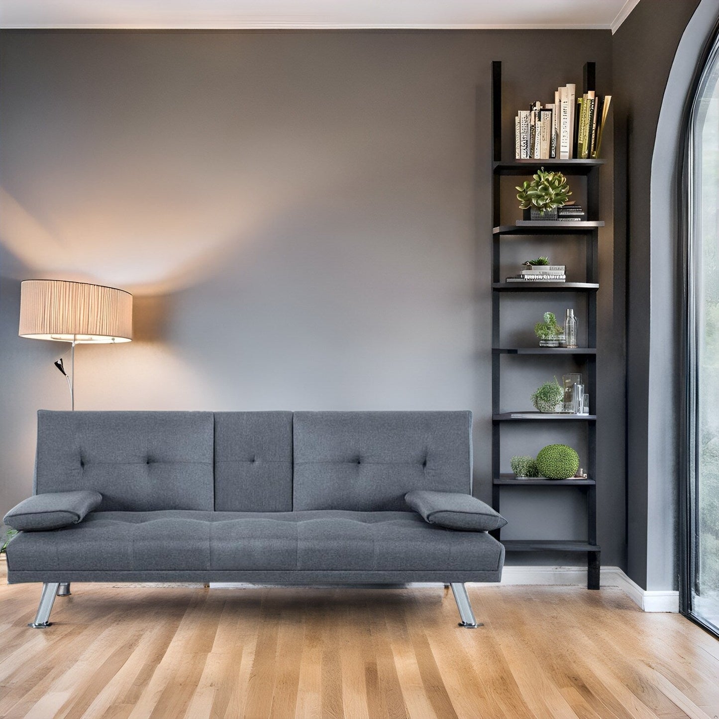 Collezione Ultimate Futon Sofa: Divano Futon con braccioli e portabicchieri, Divano imbottito con bottoni e gambe in legno