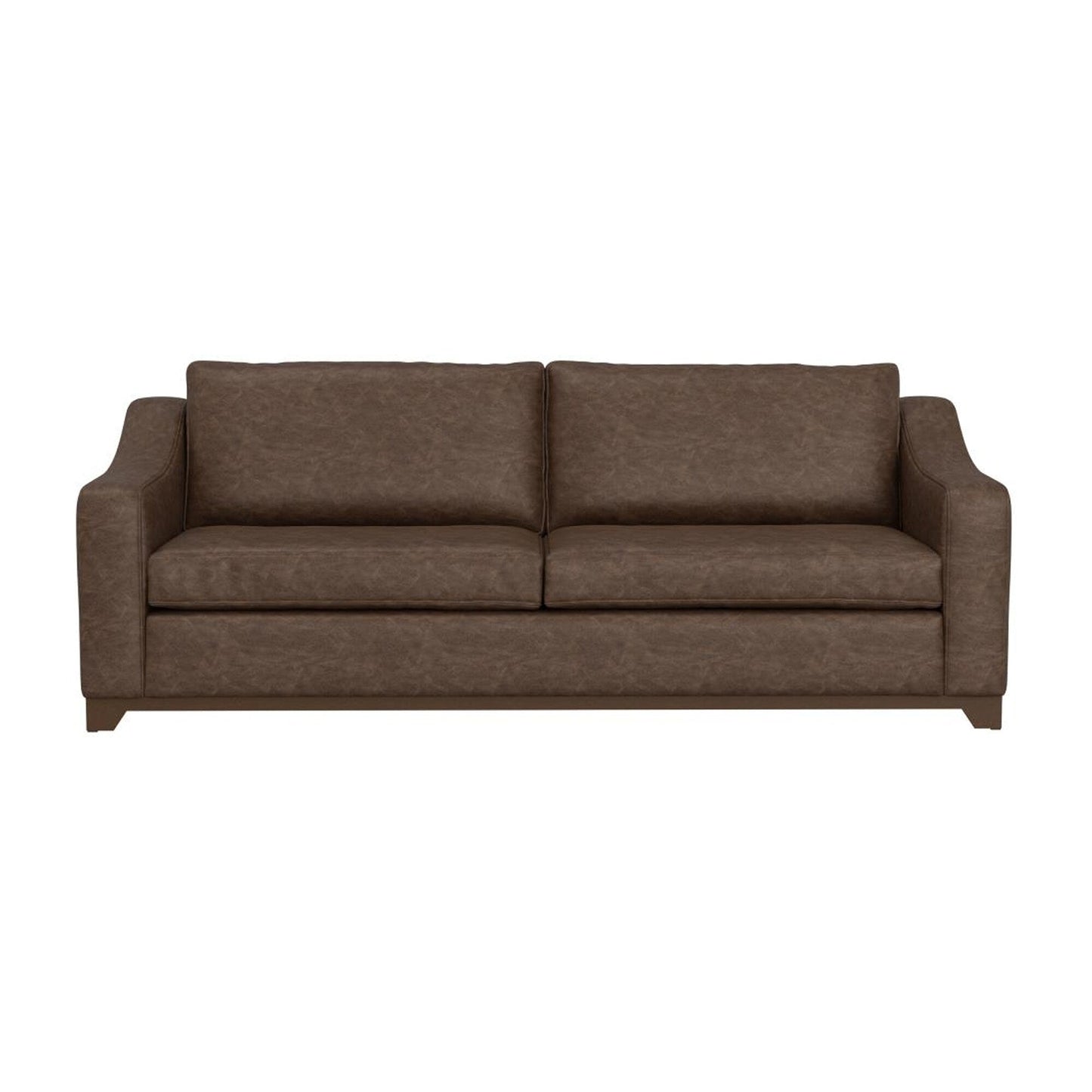 Divano Umey, 2 cuscini decorativi, moderno in similpelle marrone scuro, legno massello