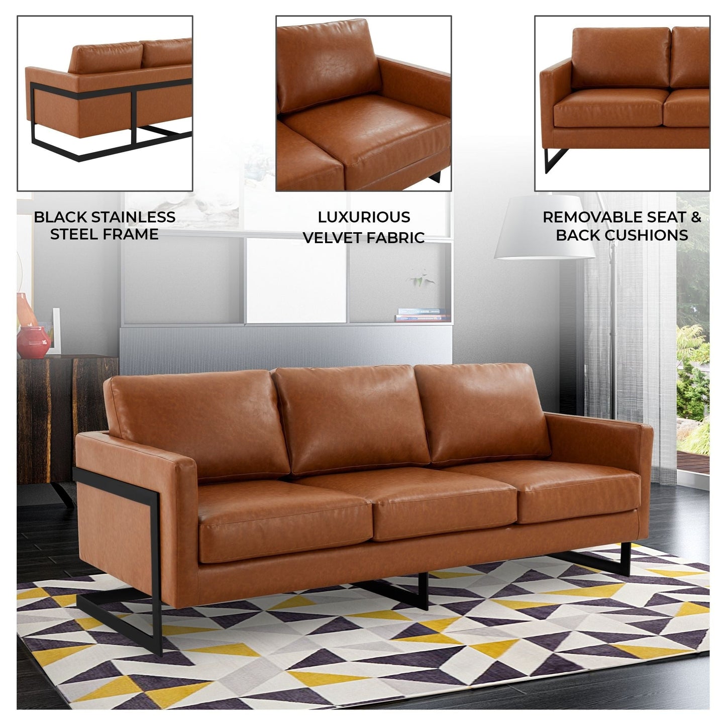 Divano a 3 posti minimalista in pelle imbottita con cuscini rimovibili in acciaio inossidabile per soggiorno e camera da letto