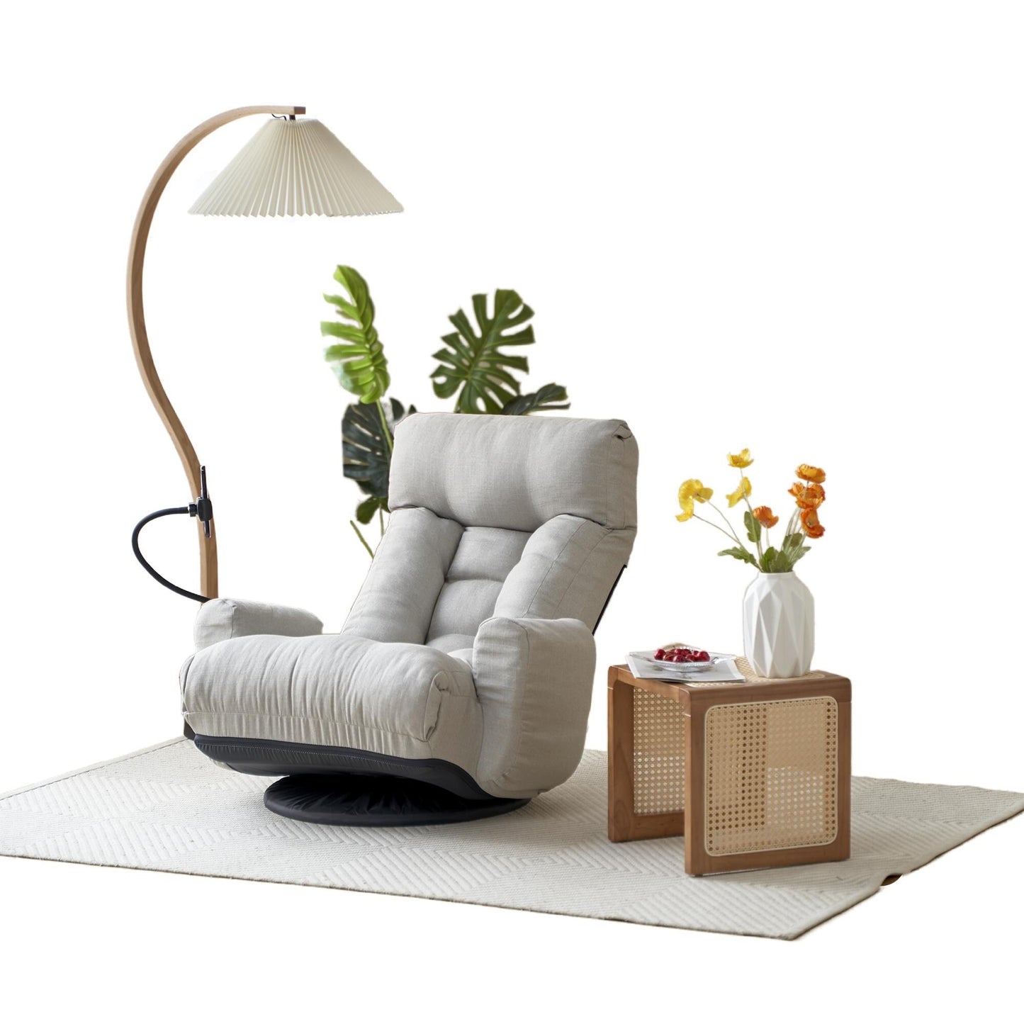 Poltrona reclinabile manuale imbottita girevole a 360° con supporto per cellulare, poggiatesta e schienale regolabili