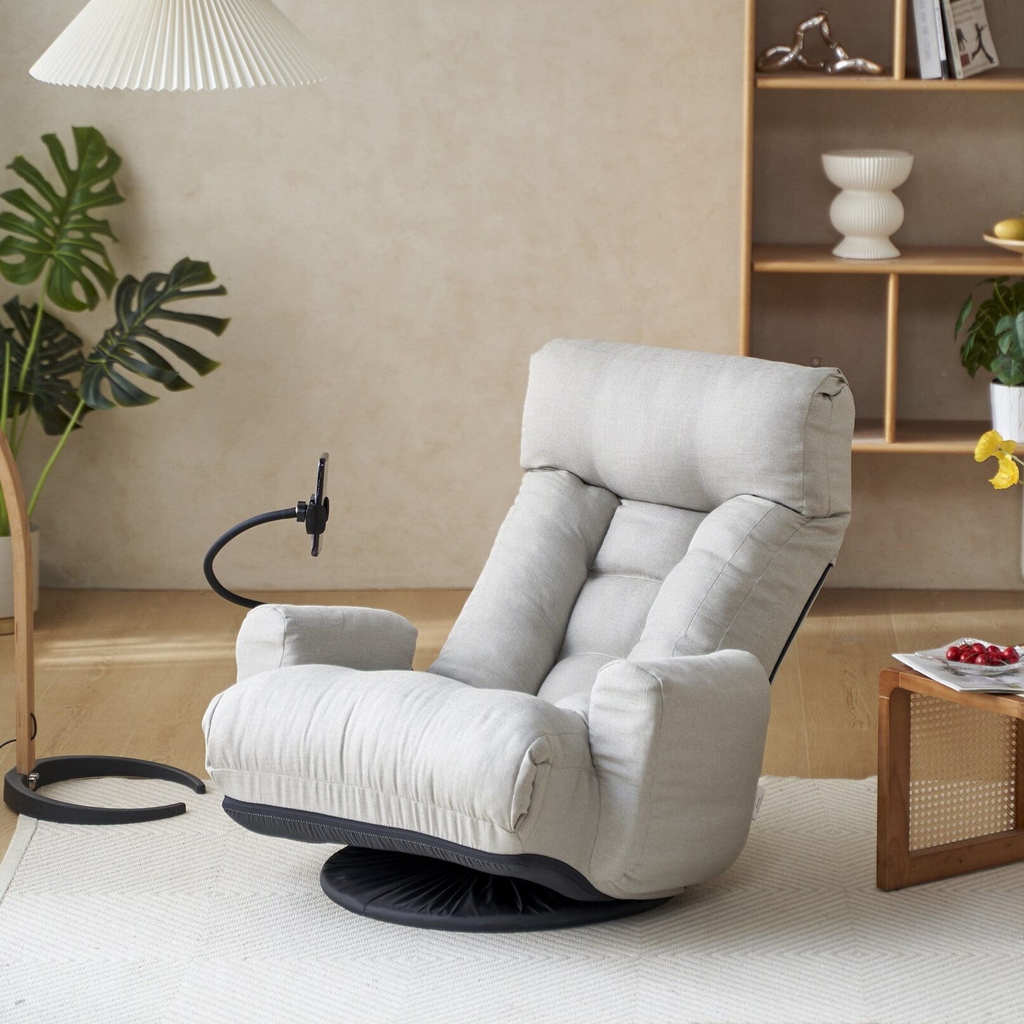 Poltrona reclinabile manuale imbottita girevole a 360° con supporto per cellulare, poggiatesta e schienale regolabili