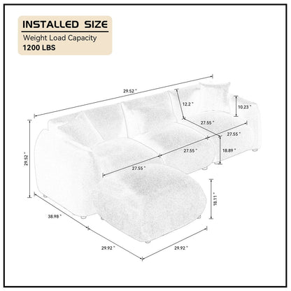 Divano componibile bianco imbottito, confortevole e morbido, con poggiapiedi