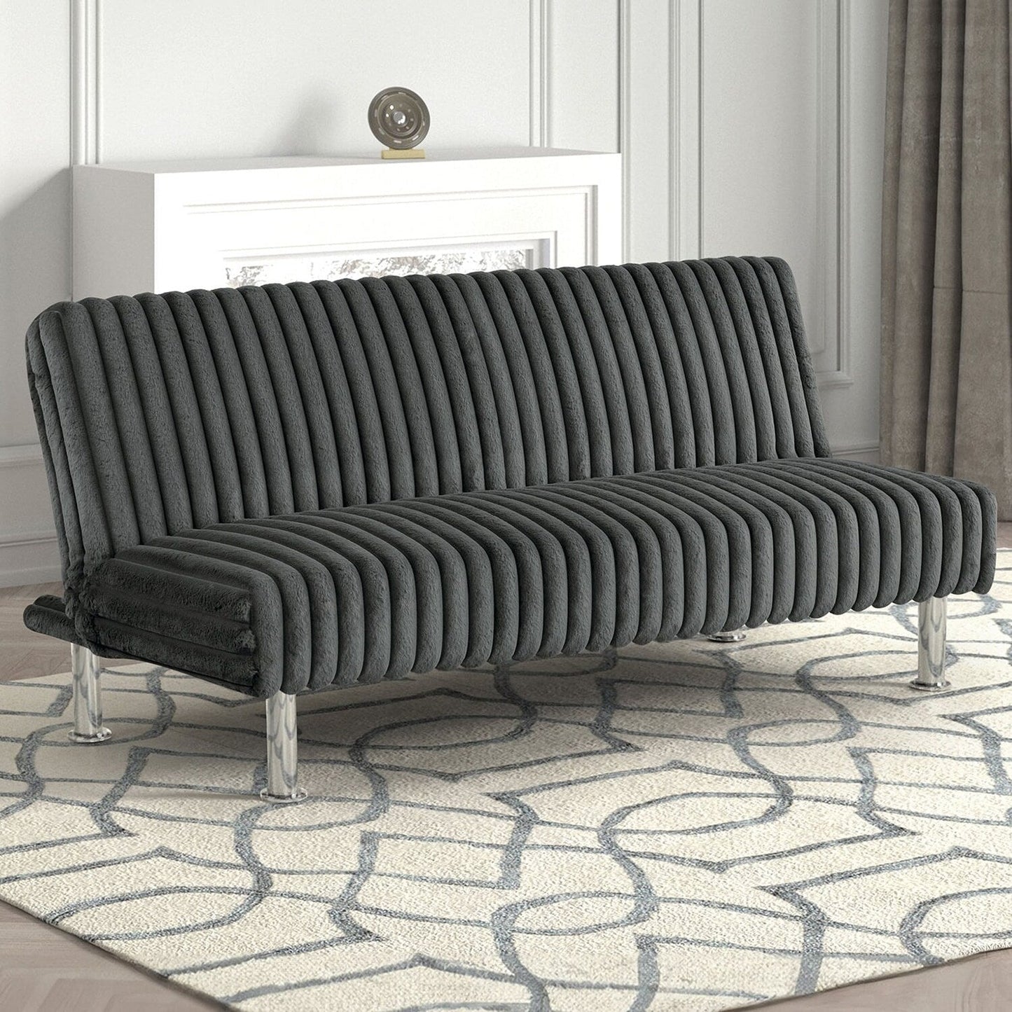 Divano letto futon imbottito con gambe in metallo