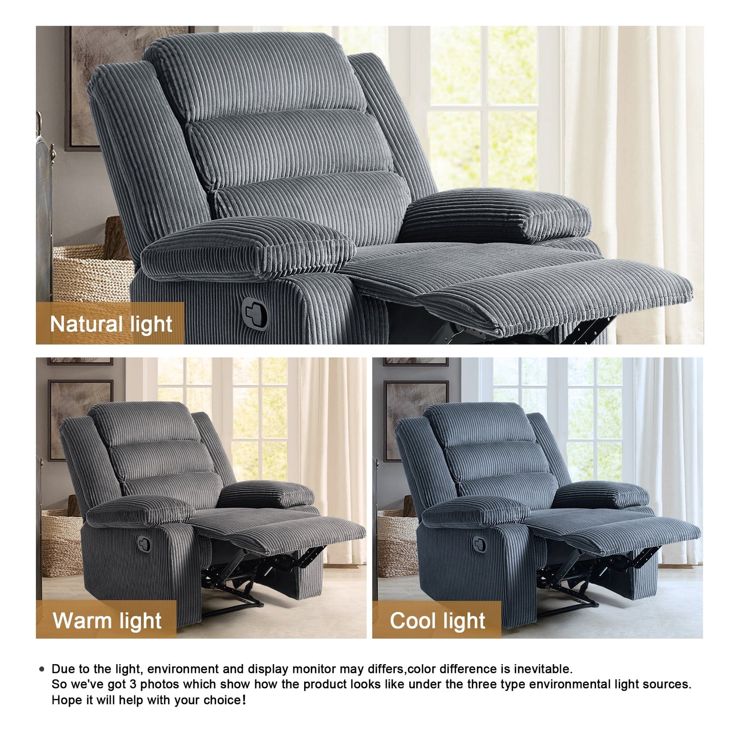 Poltrona reclinabile manuale imbottita in velluto a coste di cotone con braccioli larghi