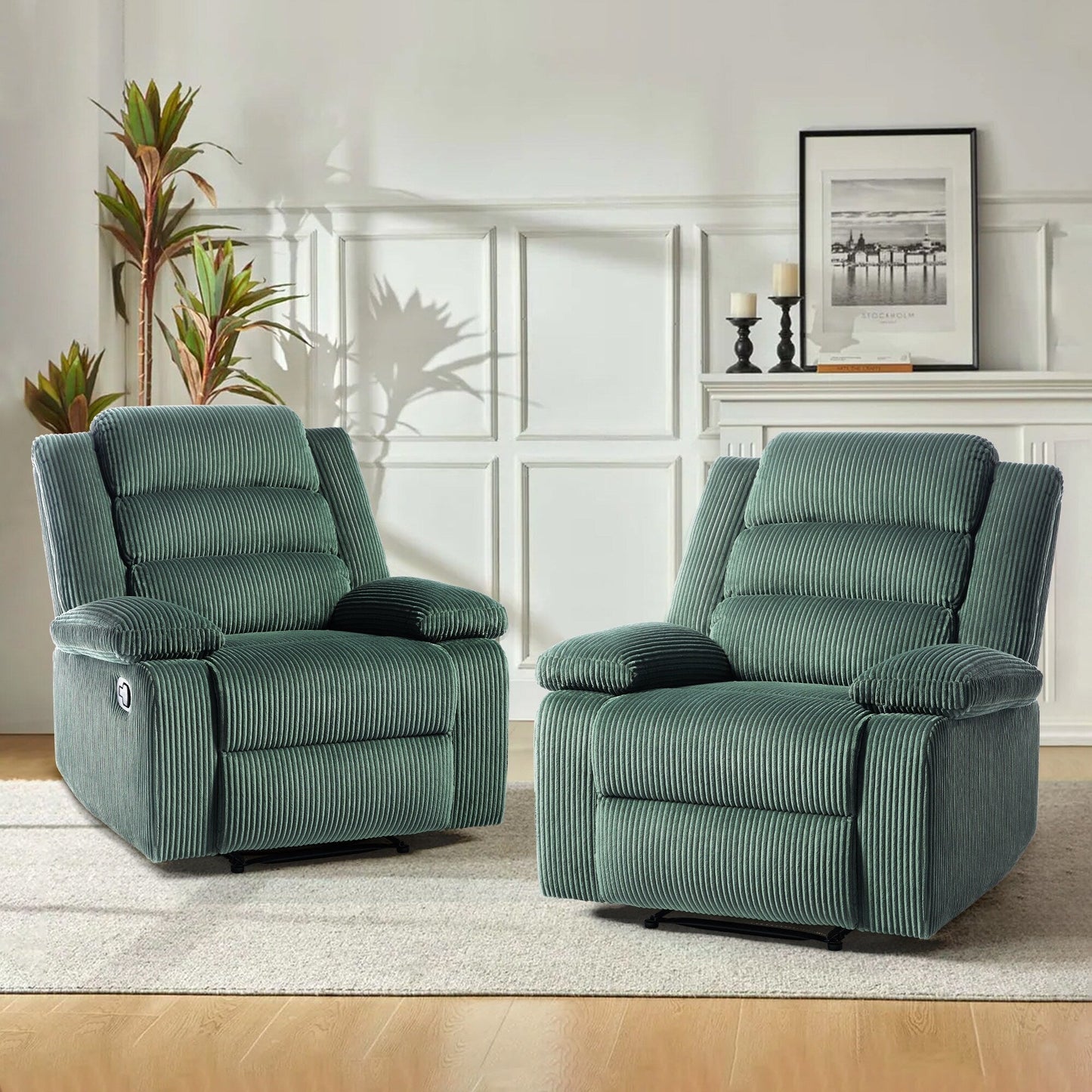 Poltrona reclinabile manuale imbottita in velluto a coste di cotone con braccioli larghi