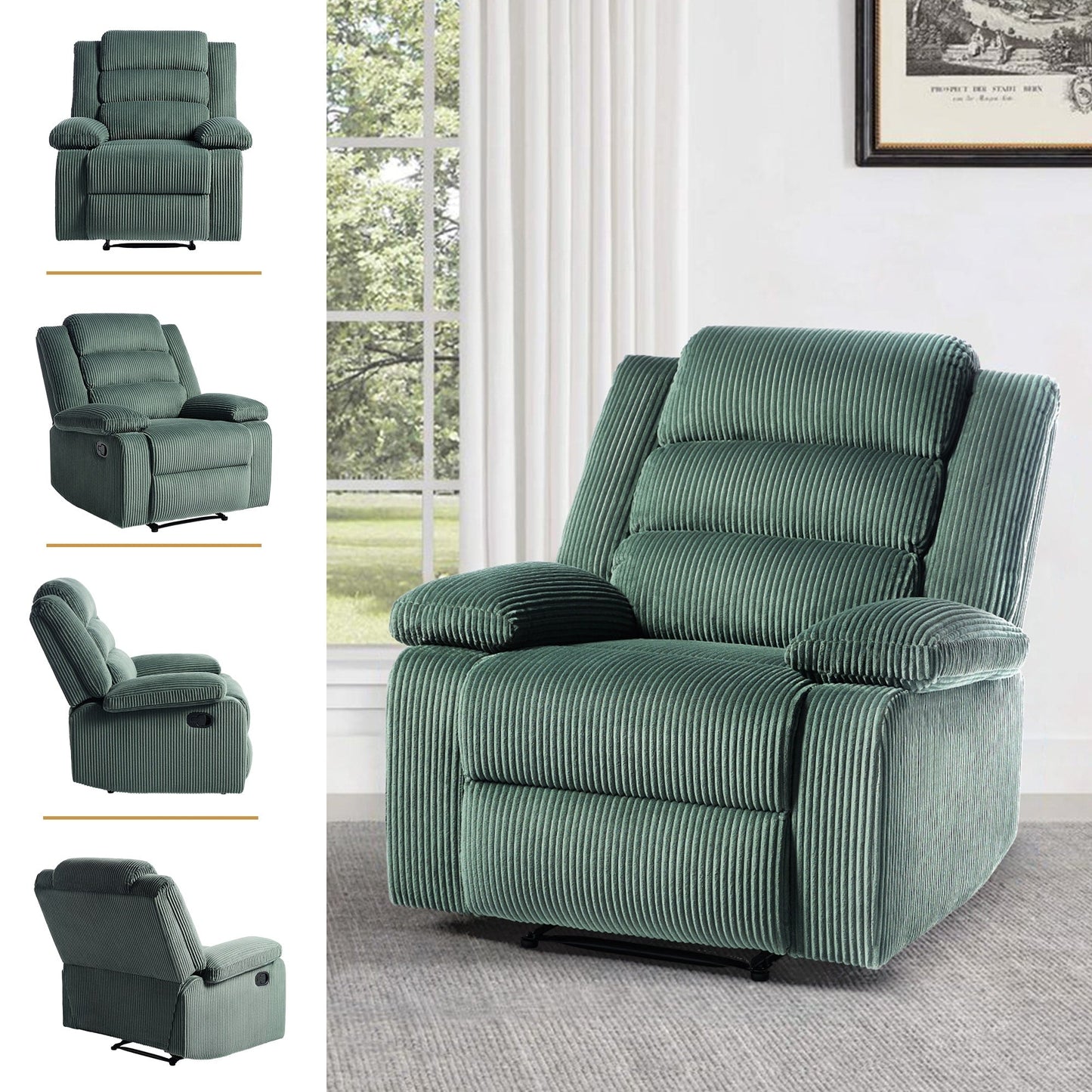 Poltrona reclinabile manuale imbottita in velluto a coste di cotone con braccioli larghi