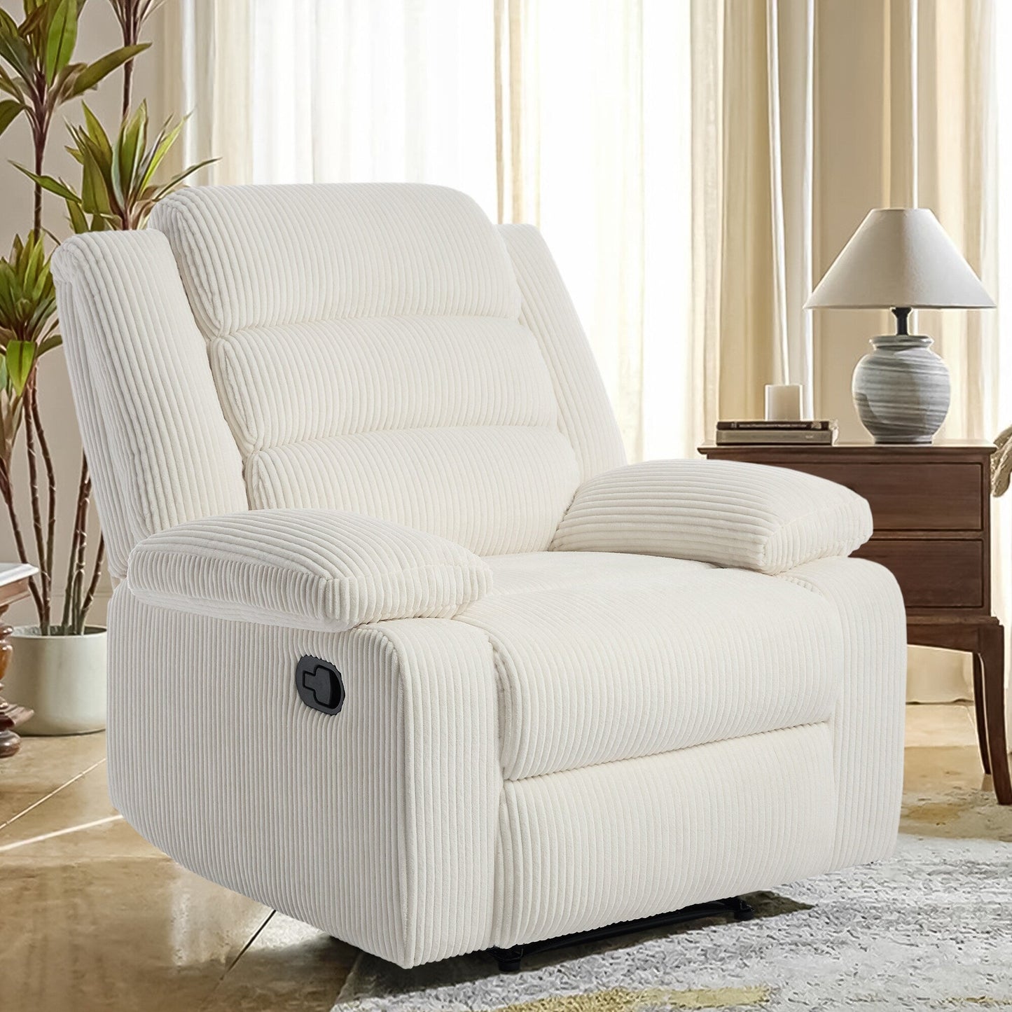 Poltrona reclinabile manuale imbottita in velluto a coste di cotone con braccioli larghi