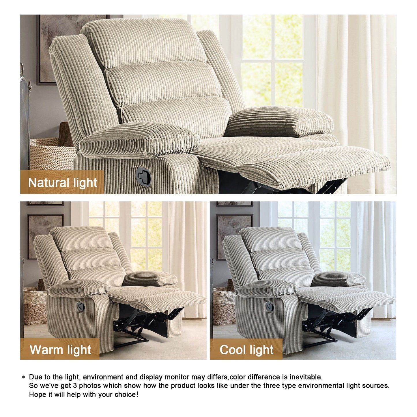 Poltrona reclinabile manuale imbottita in velluto a coste di cotone con braccioli larghi