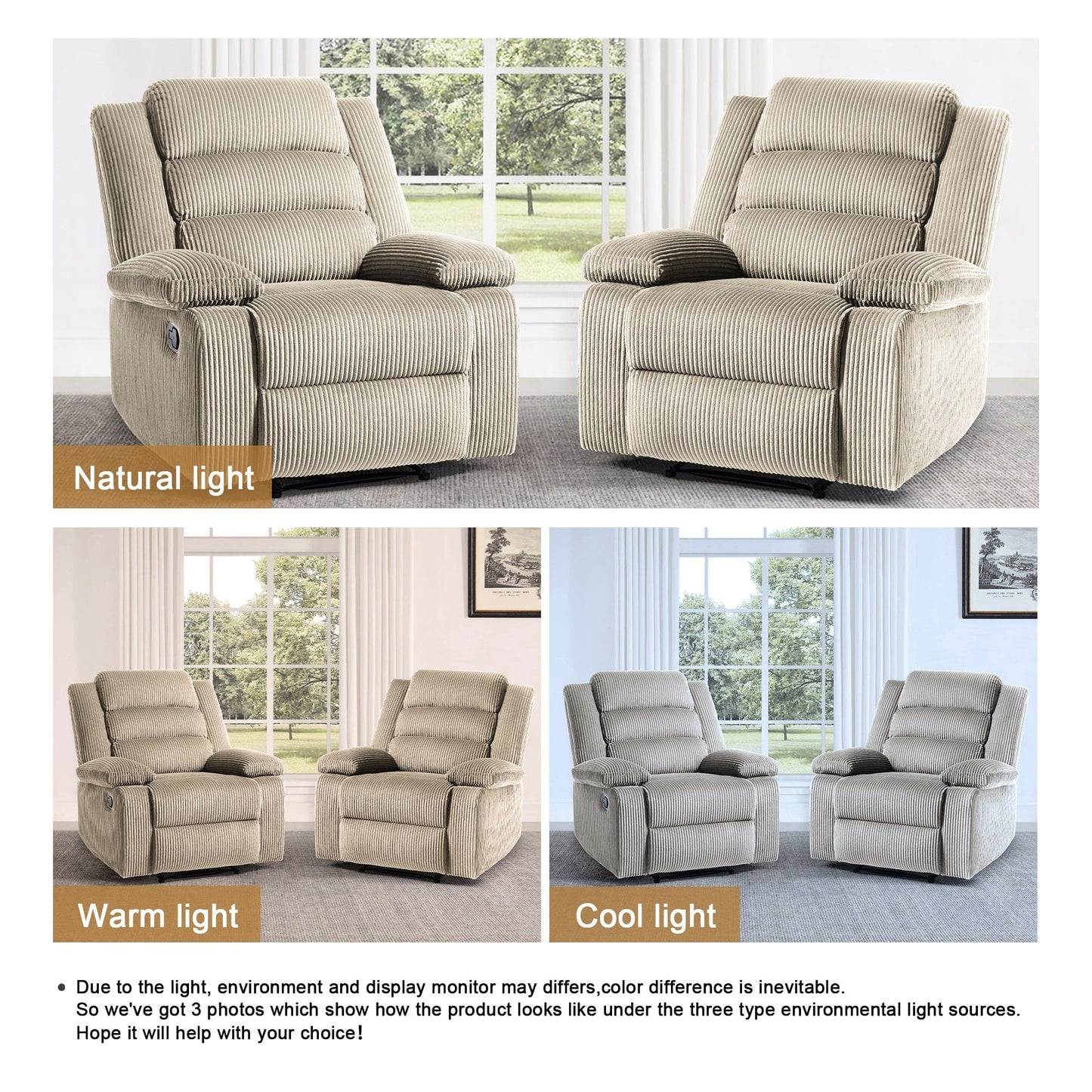 Poltrona reclinabile manuale imbottita in velluto a coste di cotone con braccioli larghi