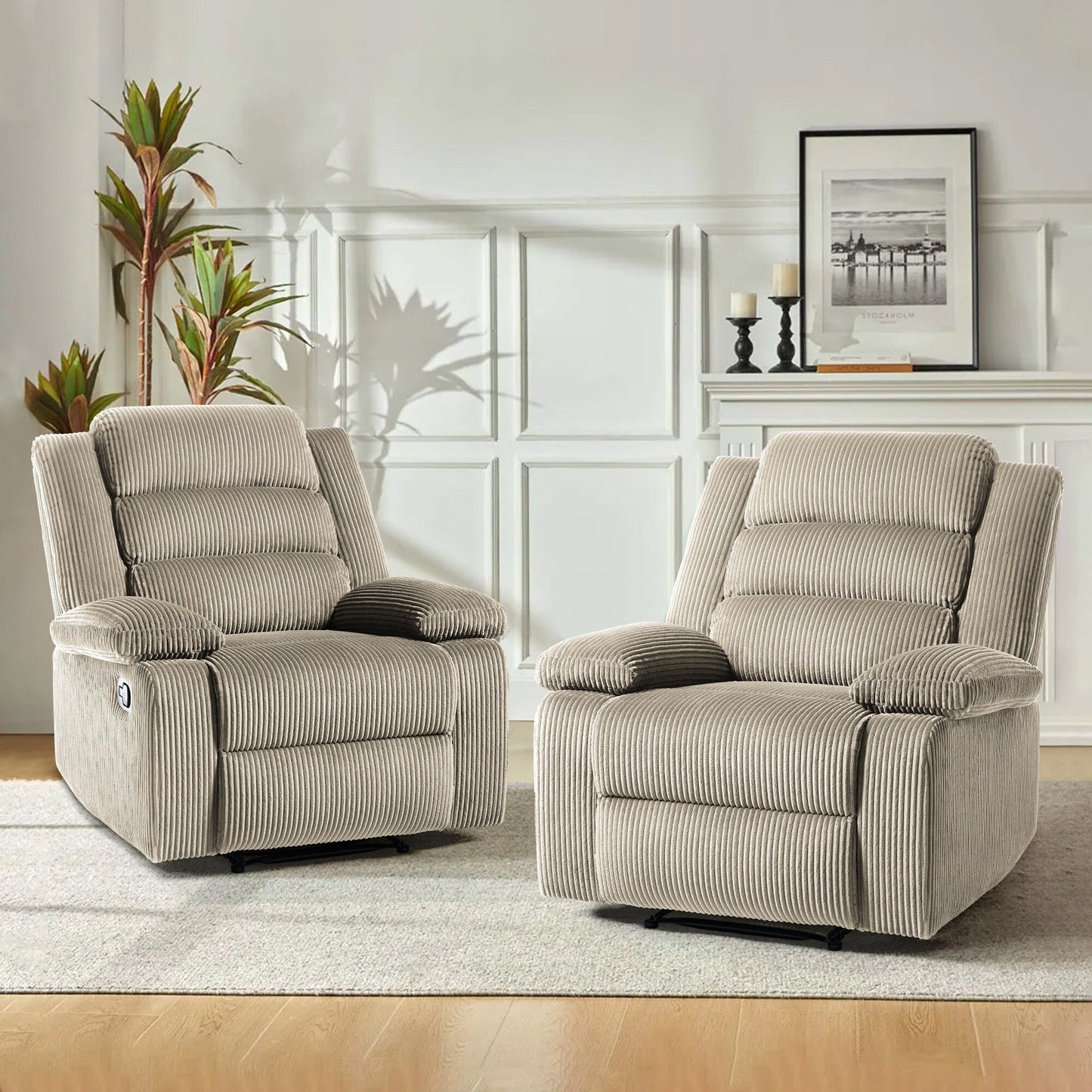 Poltrona reclinabile manuale imbottita in velluto a coste di cotone con braccioli larghi