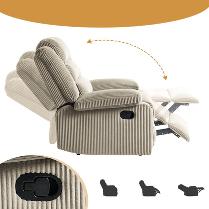 Poltrona reclinabile manuale imbottita in velluto a coste di cotone con braccioli larghi