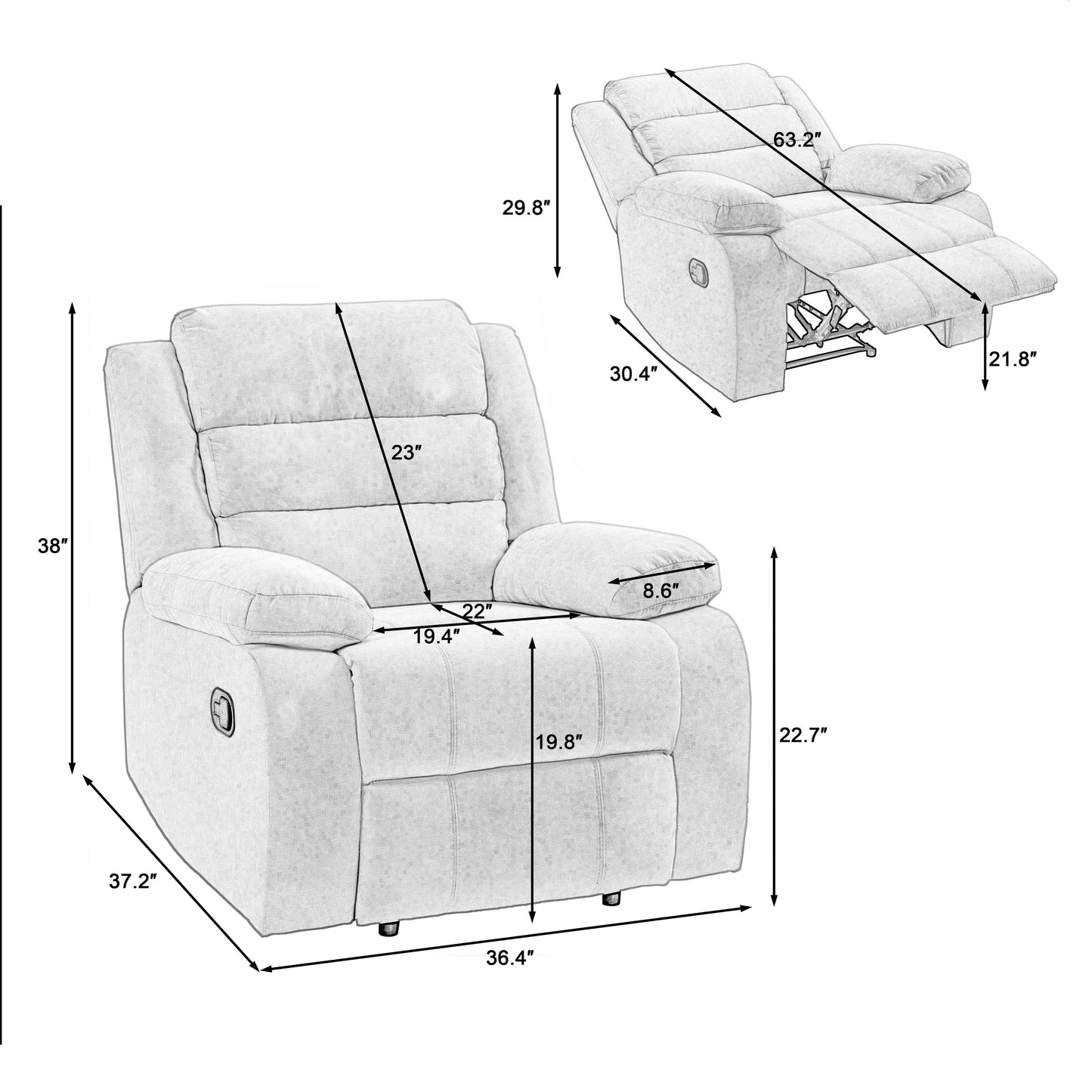 Poltrona reclinabile manuale imbottita in velluto a coste di cotone con braccioli larghi