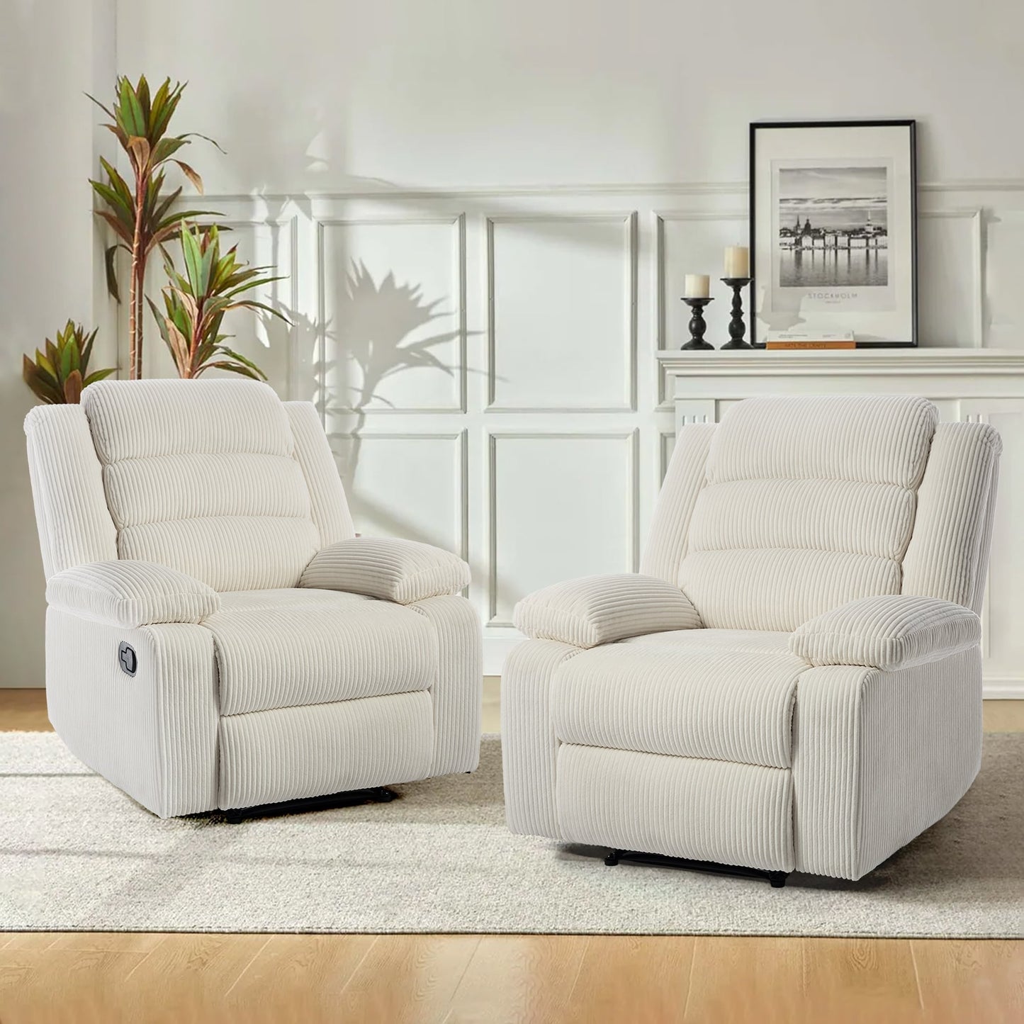 Poltrona reclinabile manuale imbottita in velluto a coste di cotone con braccioli larghi