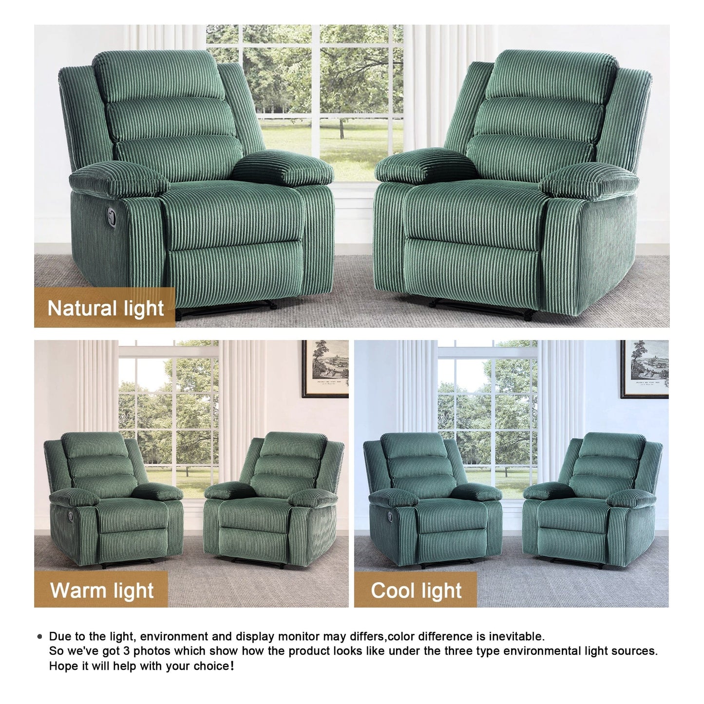 Poltrona reclinabile manuale imbottita in velluto a coste di cotone con braccioli larghi