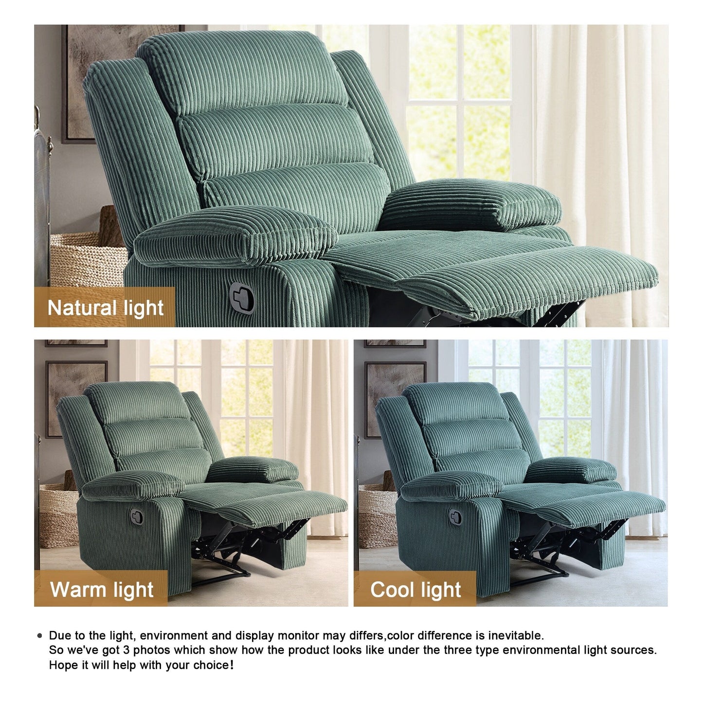 Poltrona reclinabile manuale imbottita in velluto a coste di cotone con braccioli larghi