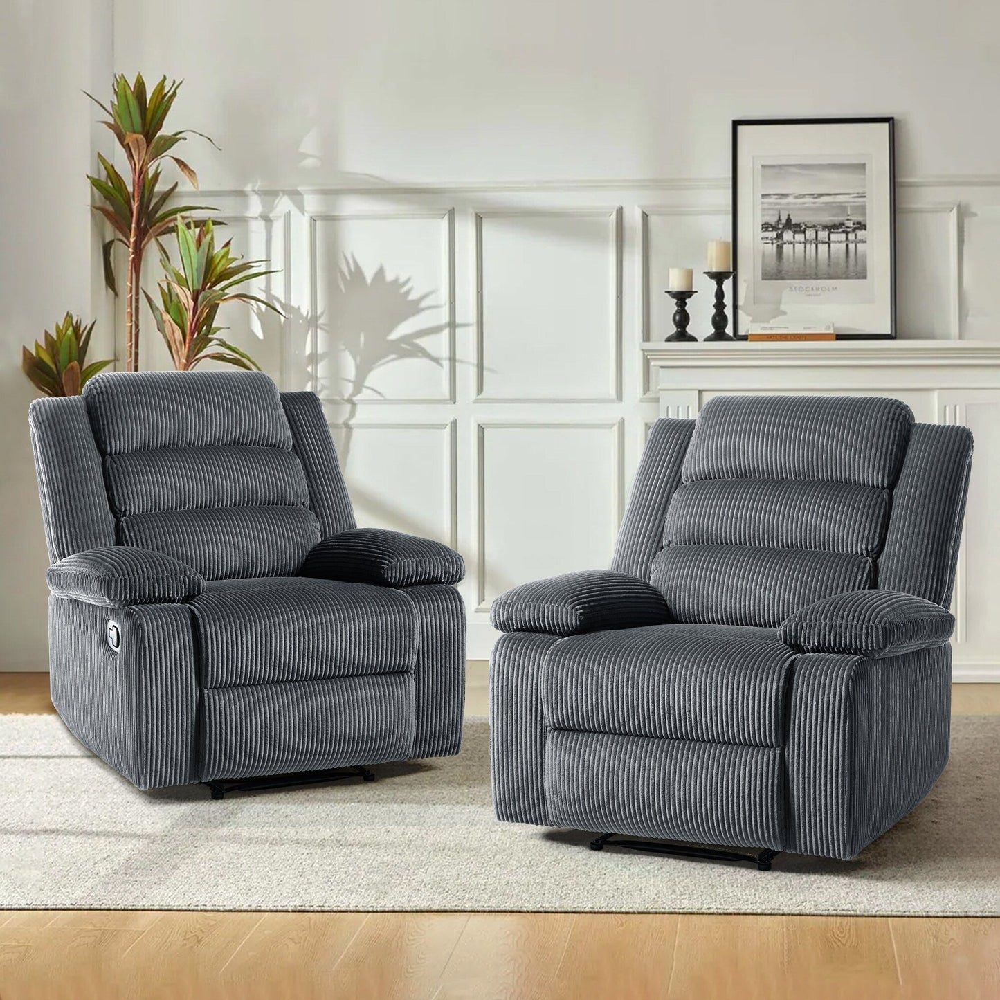 Poltrona reclinabile manuale imbottita in velluto a coste di cotone con braccioli larghi