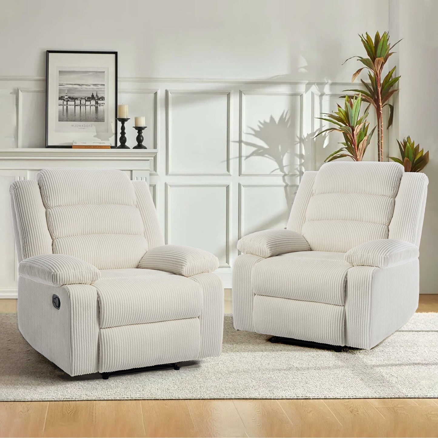 Poltrona reclinabile manuale imbottita in velluto a coste di cotone con braccioli larghi