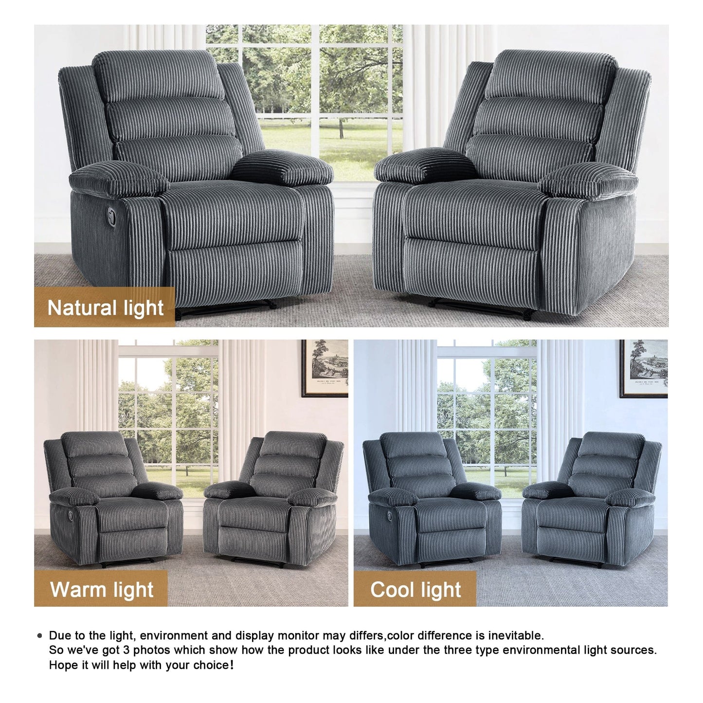 Poltrona reclinabile manuale imbottita in velluto a coste di cotone con braccioli larghi