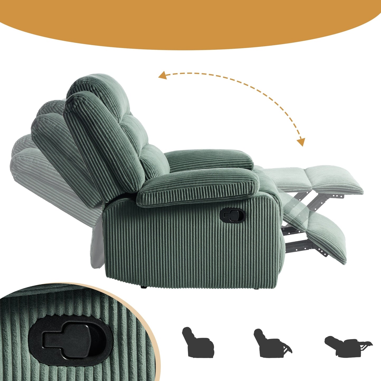 Poltrona reclinabile manuale imbottita in velluto a coste di cotone con braccioli larghi