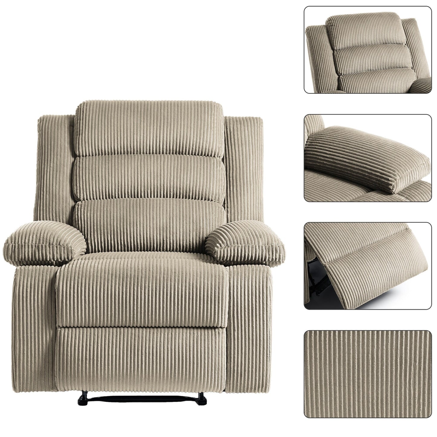 Poltrona reclinabile manuale imbottita in velluto a coste di cotone con braccioli larghi