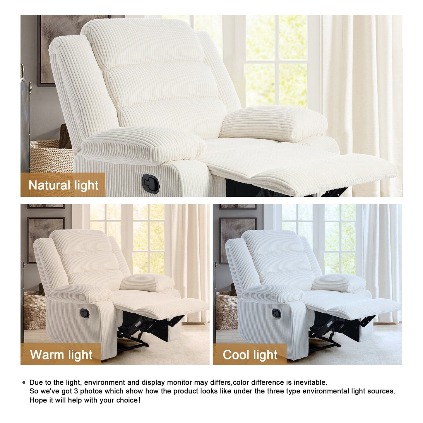 Poltrona reclinabile manuale imbottita in velluto a coste di cotone con braccioli larghi