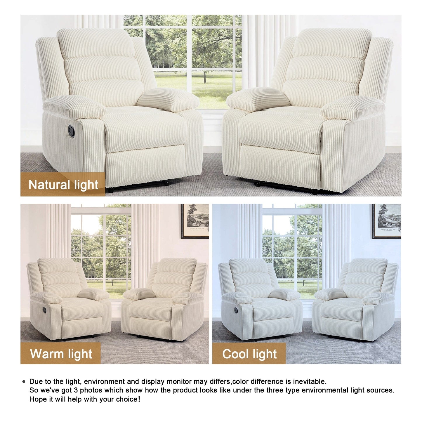 Poltrona reclinabile manuale imbottita in velluto a coste di cotone con braccioli larghi