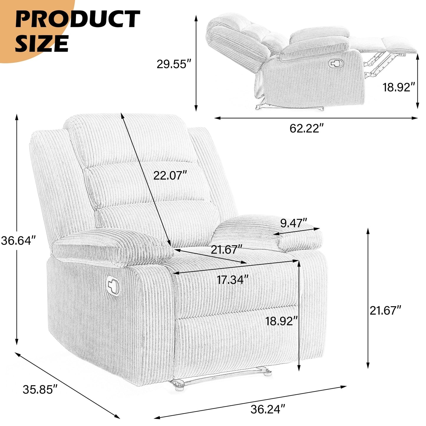 Poltrona reclinabile manuale imbottita in velluto a coste di cotone con braccioli larghi