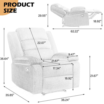 Poltrona reclinabile manuale imbottita in velluto a coste di cotone con braccioli larghi