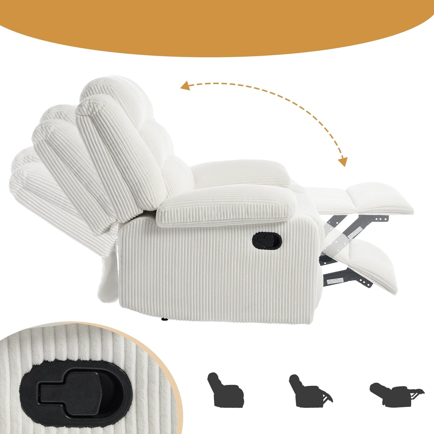 Poltrona reclinabile manuale imbottita in velluto a coste di cotone con braccioli larghi