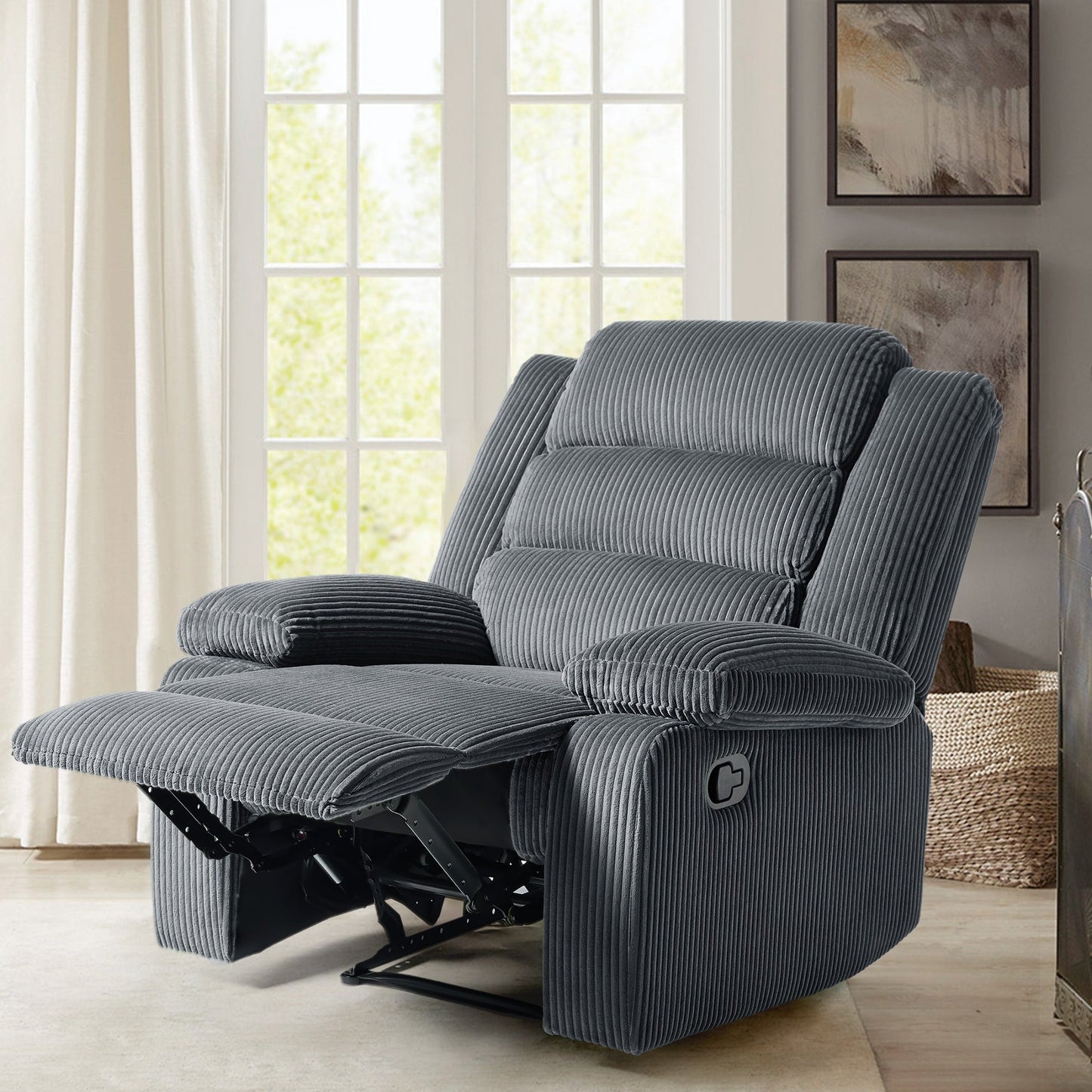 Poltrona reclinabile manuale imbottita in velluto a coste di cotone con braccioli larghi