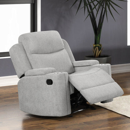 Poltrona reclinabile imbottita con movimento manuale e 2 portabicchieri, colore grigio chiaro