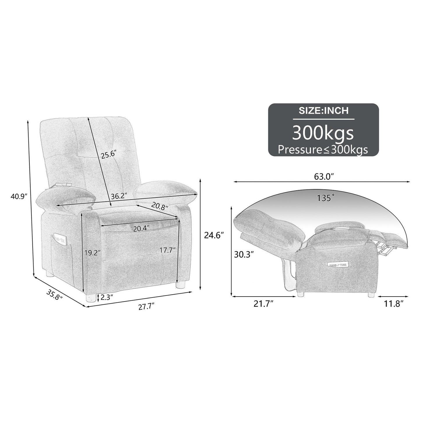Poltrona reclinabile manuale imbottita con massaggio, riscaldamento lombare, braccioli con cuscino superiore, tasche laterali